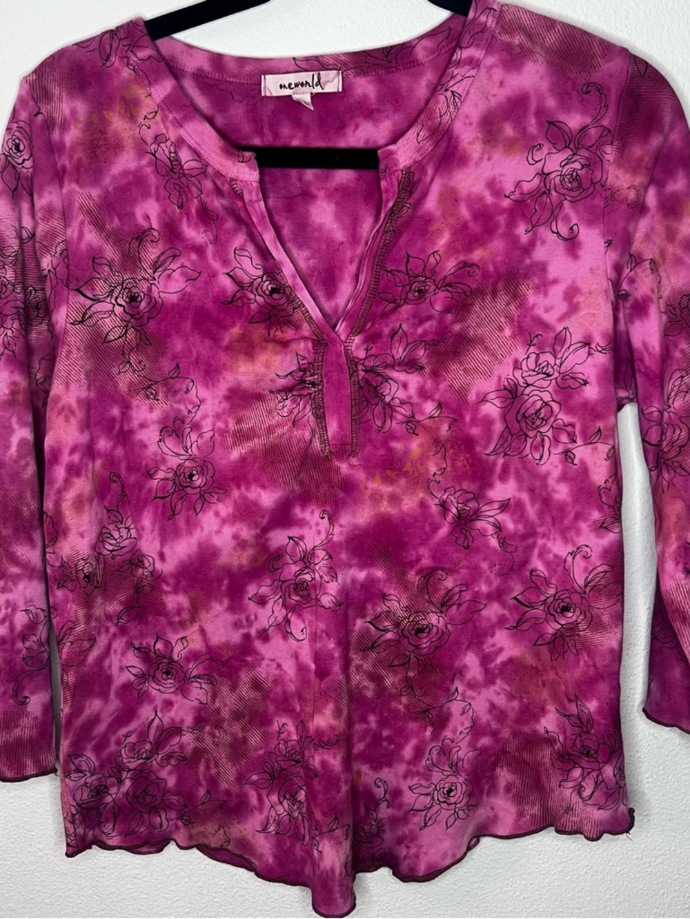 ONE WORLD Magenta Floral Tie-Dye Henley Top